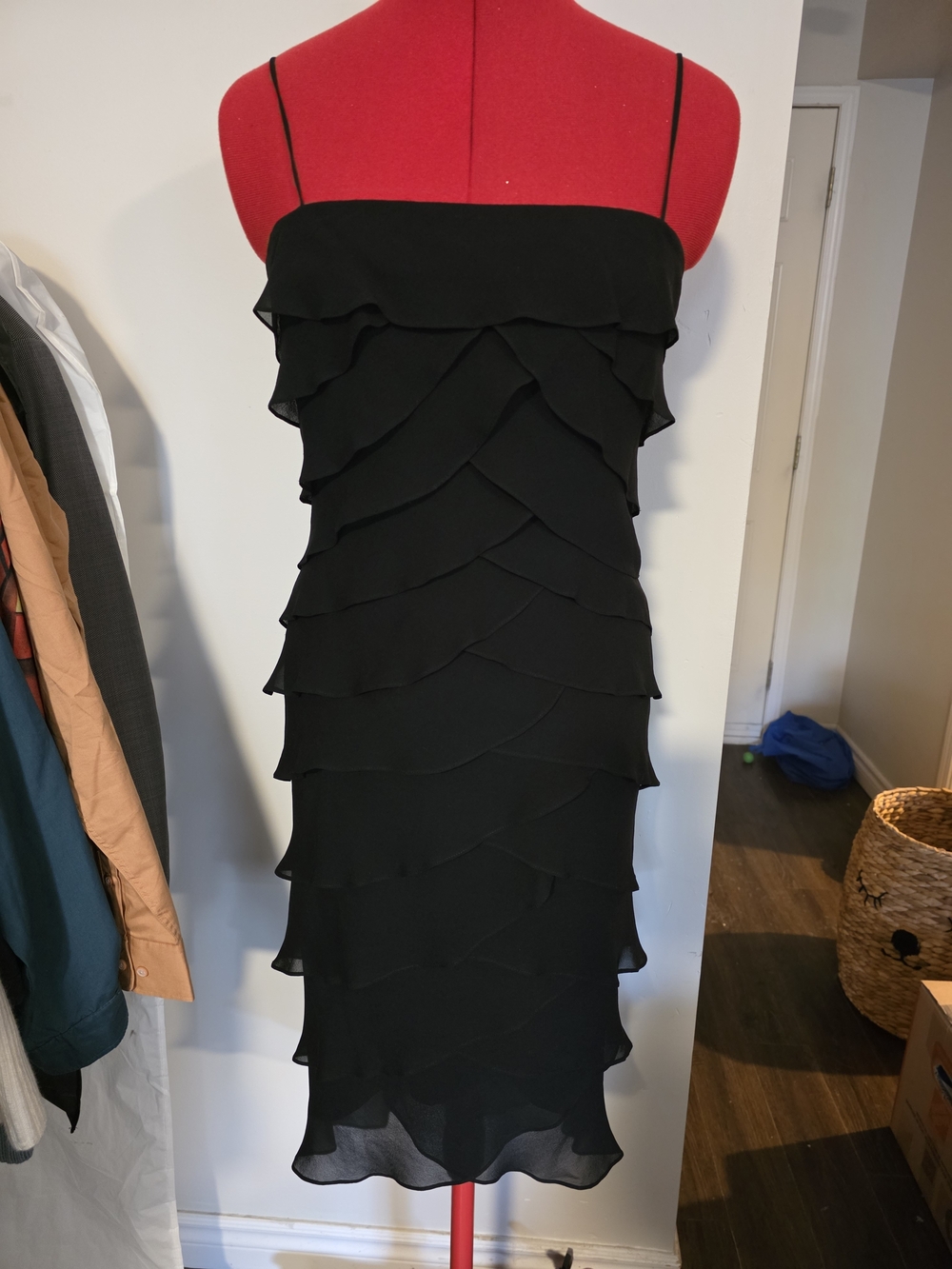 Vintage Tadashi Silk Black Ruffle Tiered Spaghetti Strap Midi Dress